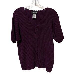 Vtg Womens Purple Cardigan 1X Silk Vibrant Academia Preppy Ribbed Square Buttons